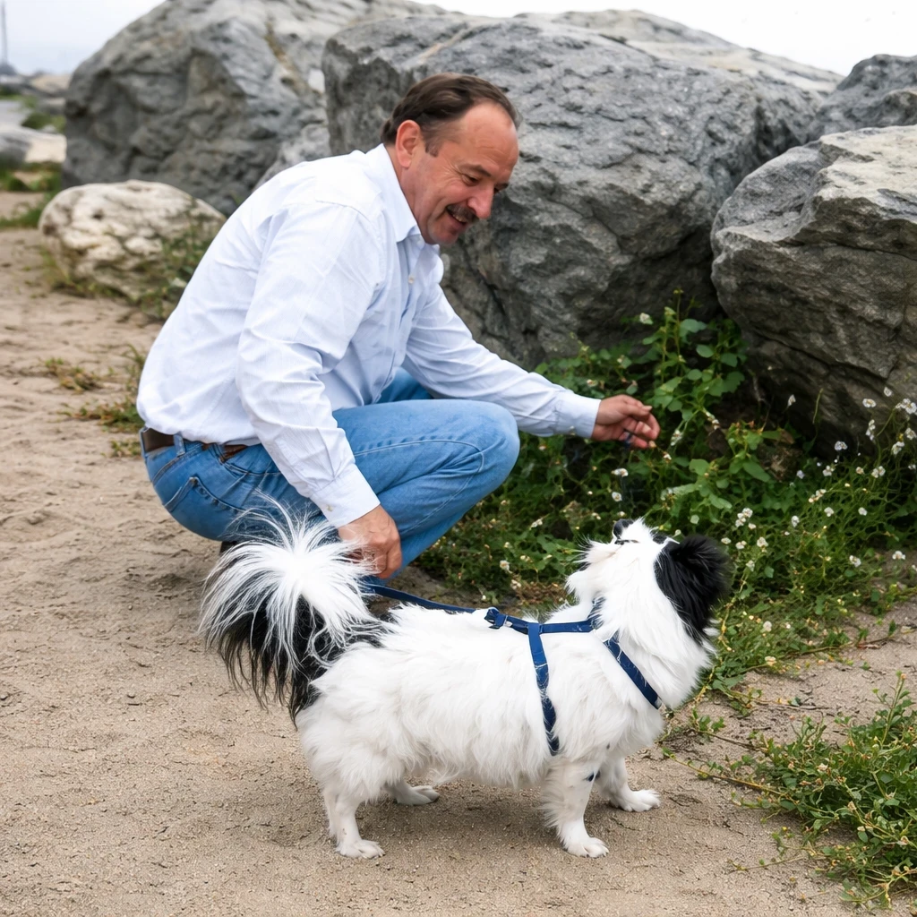 Founder Haim Zion crouching near coastal rocks interacting with a small black-and-white dog on a sandy beach with wildflowers.